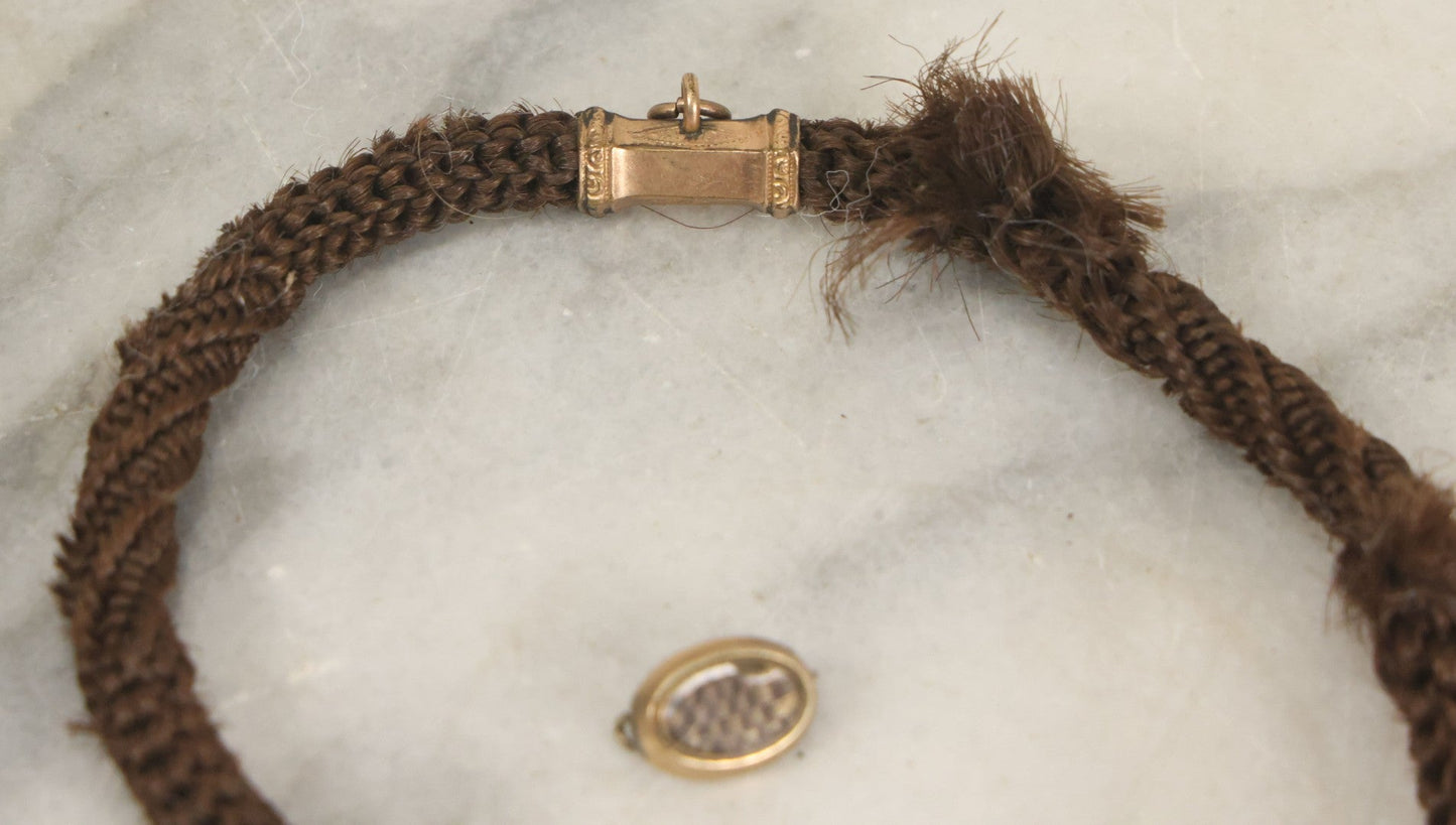 Lot 022 - Pair Of Antique Victorian Human Hair Work Jewelry Pieces, Craft Grade, Poor Condition, Including Watch Chain And Brooch, Note Heavy Wear