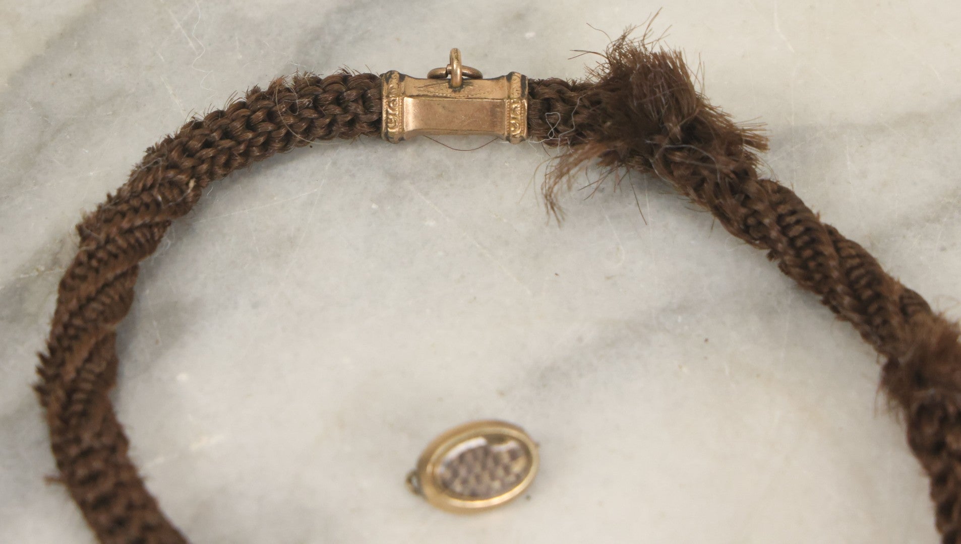 Lot 022 - Pair Of Antique Victorian Human Hair Work Jewelry Pieces, Craft Grade, Poor Condition, Including Watch Chain And Brooch, Note Heavy Wear