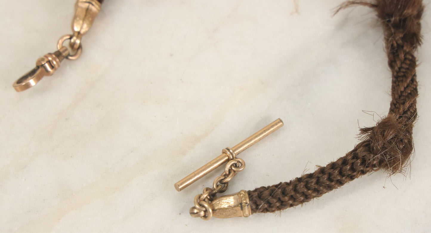 Lot 022 - Pair Of Antique Victorian Human Hair Work Jewelry Pieces, Craft Grade, Poor Condition, Including Watch Chain And Brooch, Note Heavy Wear