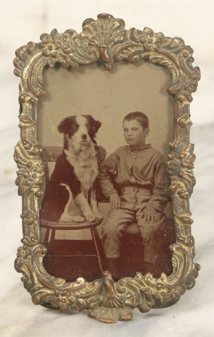 Lot 023 - Antique Tintype Photograph Of Young Boy And Border Collie Dog Seated On Chair, In Period Pressed Brass Ormolu Frame With Kickstand