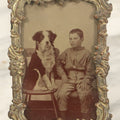 Lot 023 - Antique Tintype Photograph Of Young Boy And Border Collie Dog Seated On Chair, In Period Pressed Brass Ormolu Frame With Kickstand