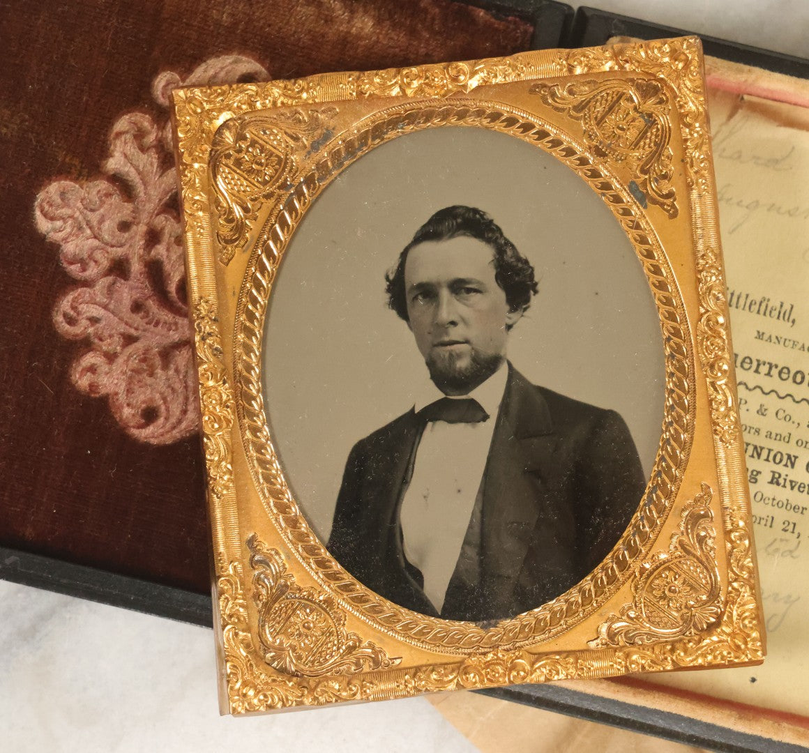 Lot 026 - Antique 1/6th Plate Ruby Ambrotype Photograph Of Richard Sackett Raymond, Born 1860, St. Louis, Missouri, With Lock Of Richard's Hair, Presented To Mary Saltmarsh, In Thermoplastic Case By Littlefield, Parsons & Co., As Found