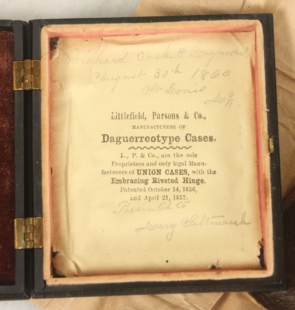 Lot 026 - Antique 1/6th Plate Ruby Ambrotype Photograph Of Richard Sackett Raymond, Born 1860, St. Louis, Missouri, With Lock Of Richard's Hair, Presented To Mary Saltmarsh, In Thermoplastic Case By Littlefield, Parsons & Co., As Found