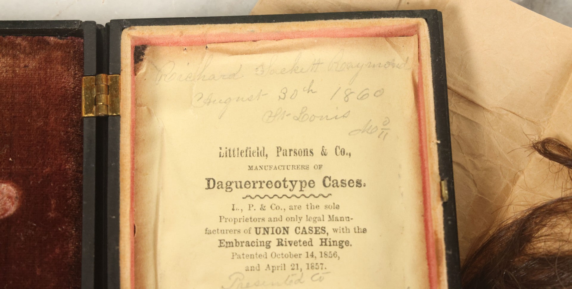 Lot 026 - Antique 1/6th Plate Ruby Ambrotype Photograph Of Richard Sackett Raymond, Born 1860, St. Louis, Missouri, With Lock Of Richard's Hair, Presented To Mary Saltmarsh, In Thermoplastic Case By Littlefield, Parsons & Co., As Found
