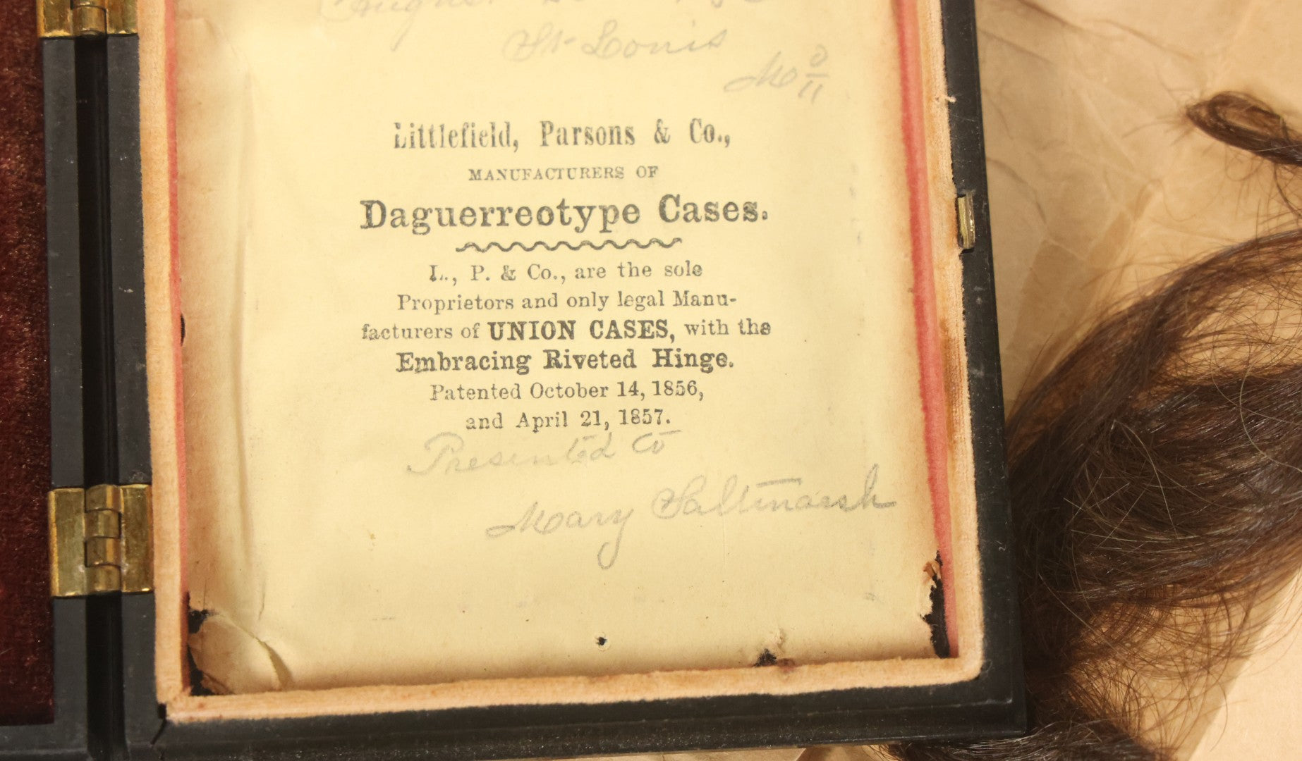 Lot 026 - Antique 1/6th Plate Ruby Ambrotype Photograph Of Richard Sackett Raymond, Born 1860, St. Louis, Missouri, With Lock Of Richard's Hair, Presented To Mary Saltmarsh, In Thermoplastic Case By Littlefield, Parsons & Co., As Found