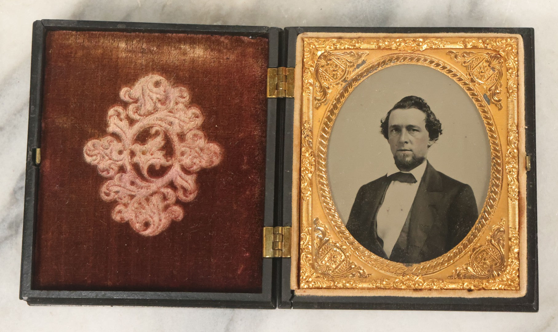 Lot 026 - Antique 1/6th Plate Ruby Ambrotype Photograph Of Richard Sackett Raymond, Born 1860, St. Louis, Missouri, With Lock Of Richard's Hair, Presented To Mary Saltmarsh, In Thermoplastic Case By Littlefield, Parsons & Co., As Found