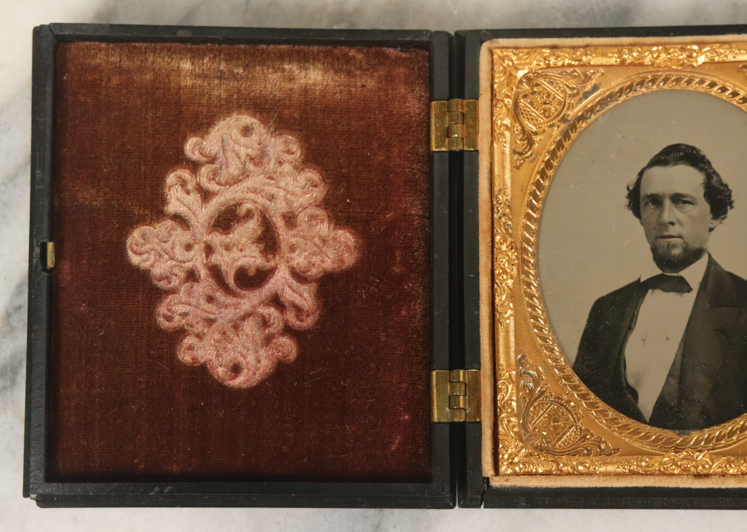 Lot 026 - Antique 1/6th Plate Ruby Ambrotype Photograph Of Richard Sackett Raymond, Born 1860, St. Louis, Missouri, With Lock Of Richard's Hair, Presented To Mary Saltmarsh, In Thermoplastic Case By Littlefield, Parsons & Co., As Found