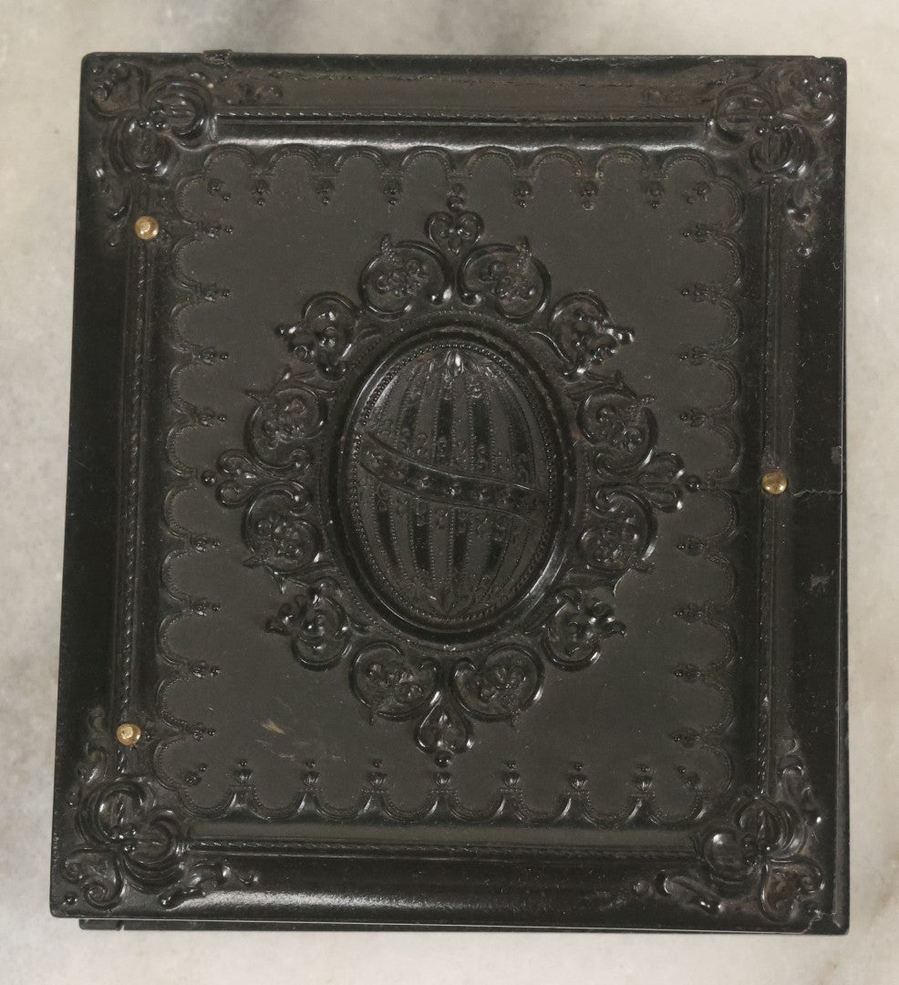 Lot 026 - Antique 1/6th Plate Ruby Ambrotype Photograph Of Richard Sackett Raymond, Born 1860, St. Louis, Missouri, With Lock Of Richard's Hair, Presented To Mary Saltmarsh, In Thermoplastic Case By Littlefield, Parsons & Co., As Found