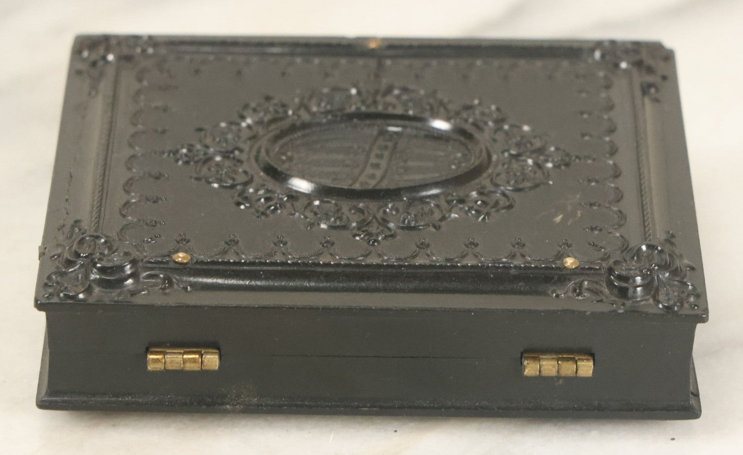 Lot 026 - Antique 1/6th Plate Ruby Ambrotype Photograph Of Richard Sackett Raymond, Born 1860, St. Louis, Missouri, With Lock Of Richard's Hair, Presented To Mary Saltmarsh, In Thermoplastic Case By Littlefield, Parsons & Co., As Found