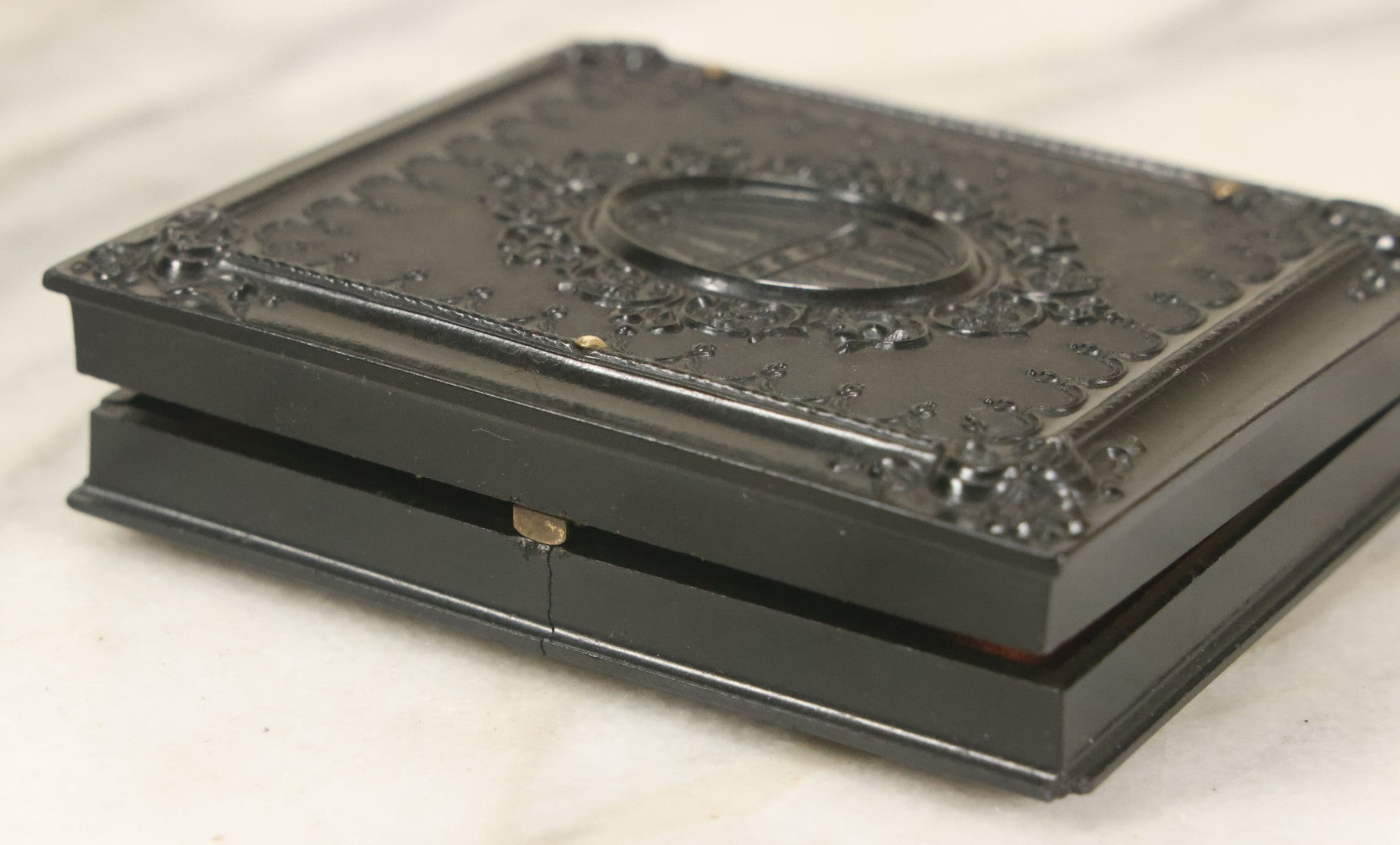 Lot 026 - Antique 1/6th Plate Ruby Ambrotype Photograph Of Richard Sackett Raymond, Born 1860, St. Louis, Missouri, With Lock Of Richard's Hair, Presented To Mary Saltmarsh, In Thermoplastic Case By Littlefield, Parsons & Co., As Found