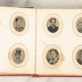 Lot 028 - Antique Red Covered Gem Tintype Photo Album, With 64 Gem Tintype Photographs Including Man In Fur Hat, Man In Top Hat, And Many Women And Children (All Pages Pictured)