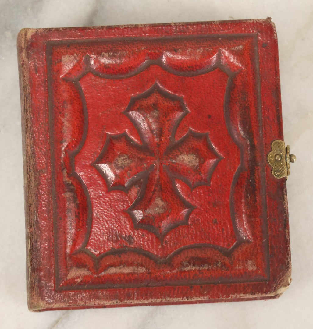 Lot 028 - Antique Red Covered Gem Tintype Photo Album, With 64 Gem Tintype Photographs Including Man In Fur Hat, Man In Top Hat, And Many Women And Children (All Pages Pictured)