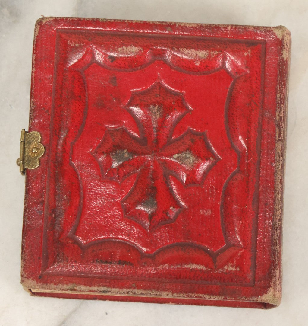 Lot 028 - Antique Red Covered Gem Tintype Photo Album, With 64 Gem Tintype Photographs Including Man In Fur Hat, Man In Top Hat, And Many Women And Children (All Pages Pictured)
