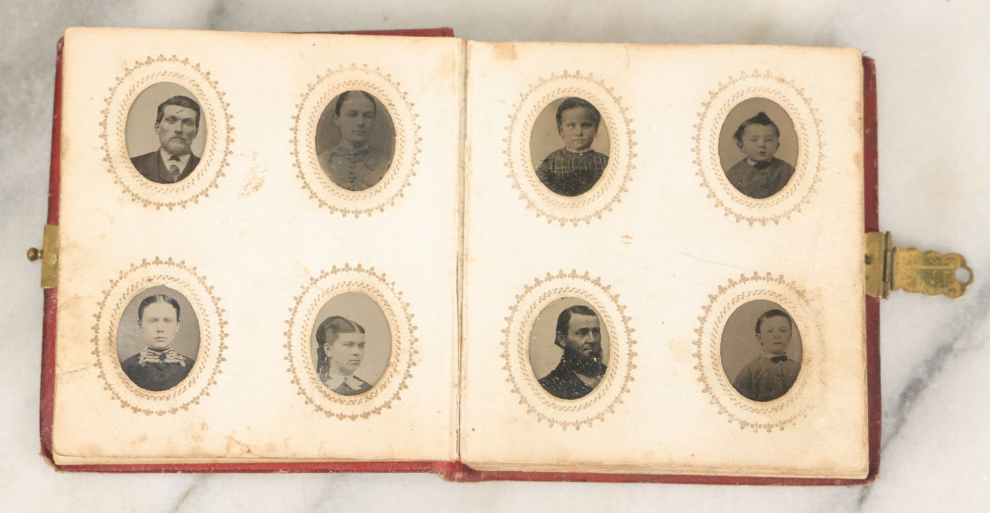 Lot 028 - Antique Red Covered Gem Tintype Photo Album, With 64 Gem Tintype Photographs Including Man In Fur Hat, Man In Top Hat, And Many Women And Children (All Pages Pictured)