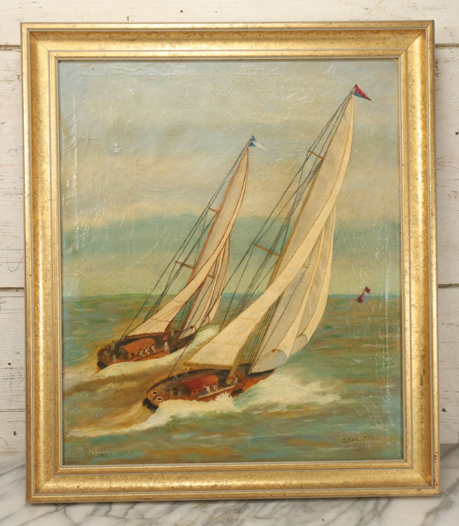 Lot 031 - Vintage Oil On Canvas Painting Of A Sailboat Race, Titled "Racing" Lower Left, Artist Signed C.E. Holmes, Dated 1933, Note Varnish Staining And Minor Losses, In Frame, 18-3/4" x 21-3/4"