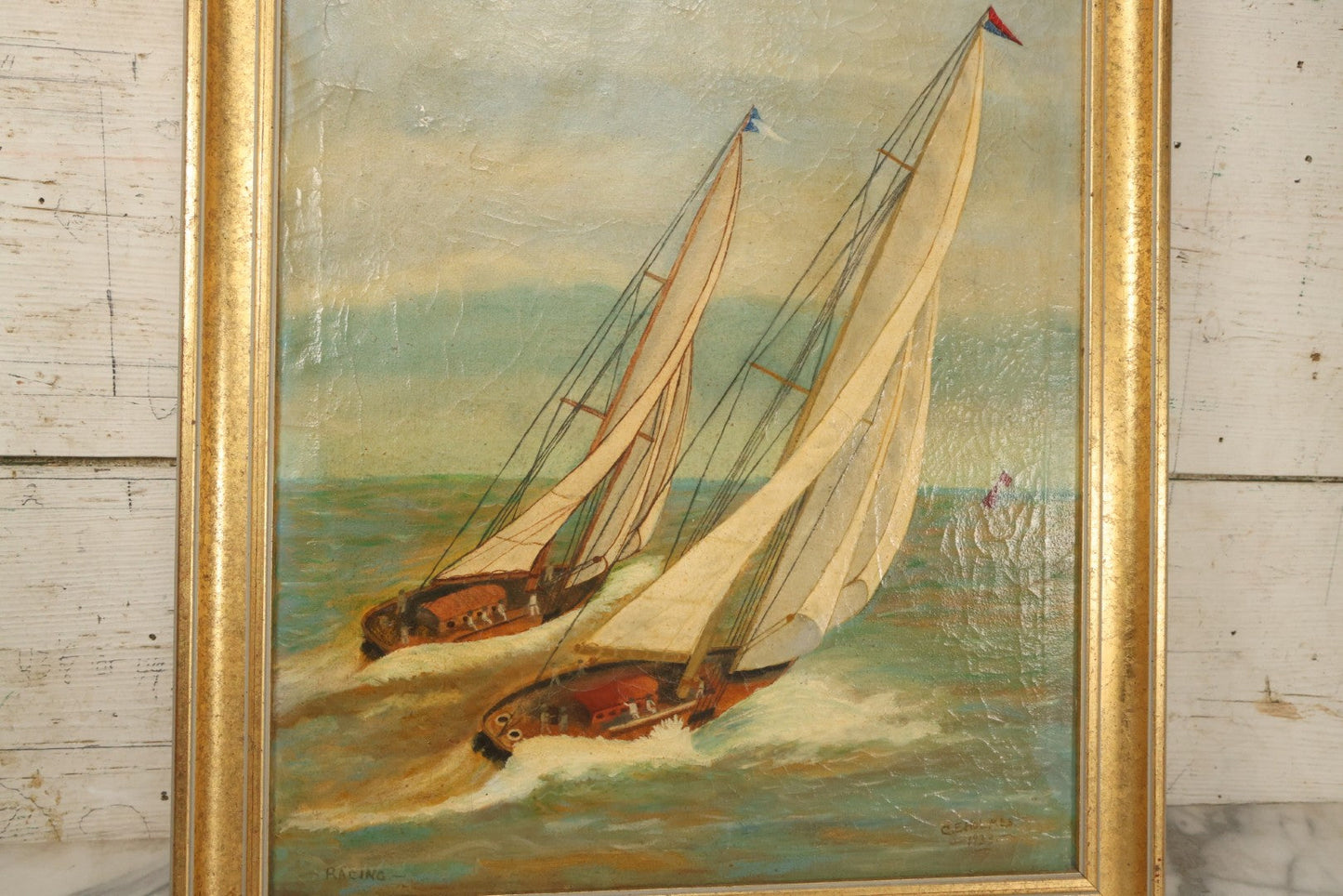 Lot 031 - Vintage Oil On Canvas Painting Of A Sailboat Race, Titled "Racing" Lower Left, Artist Signed C.E. Holmes, Dated 1933, Note Varnish Staining And Minor Losses, In Frame, 18-3/4" x 21-3/4"