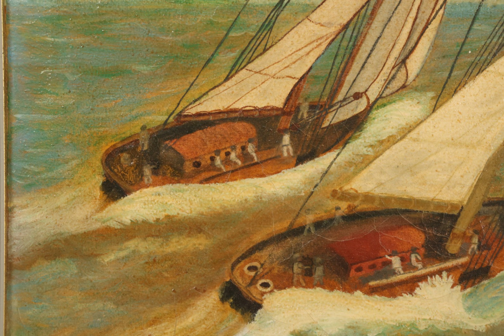 Lot 031 - Vintage Oil On Canvas Painting Of A Sailboat Race, Titled "Racing" Lower Left, Artist Signed C.E. Holmes, Dated 1933, Note Varnish Staining And Minor Losses, In Frame, 18-3/4" x 21-3/4"