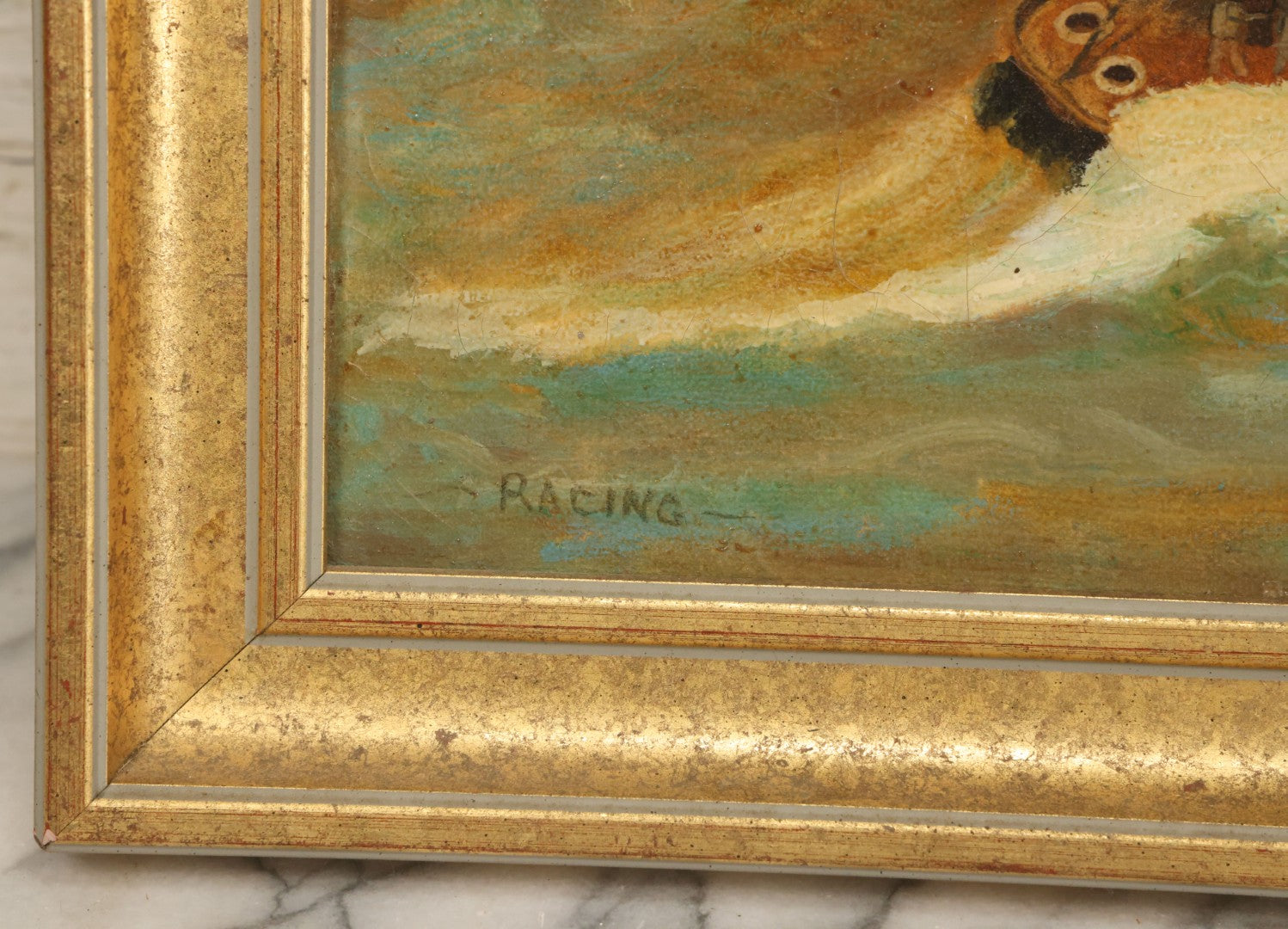 Lot 031 - Vintage Oil On Canvas Painting Of A Sailboat Race, Titled "Racing" Lower Left, Artist Signed C.E. Holmes, Dated 1933, Note Varnish Staining And Minor Losses, In Frame, 18-3/4" x 21-3/4"