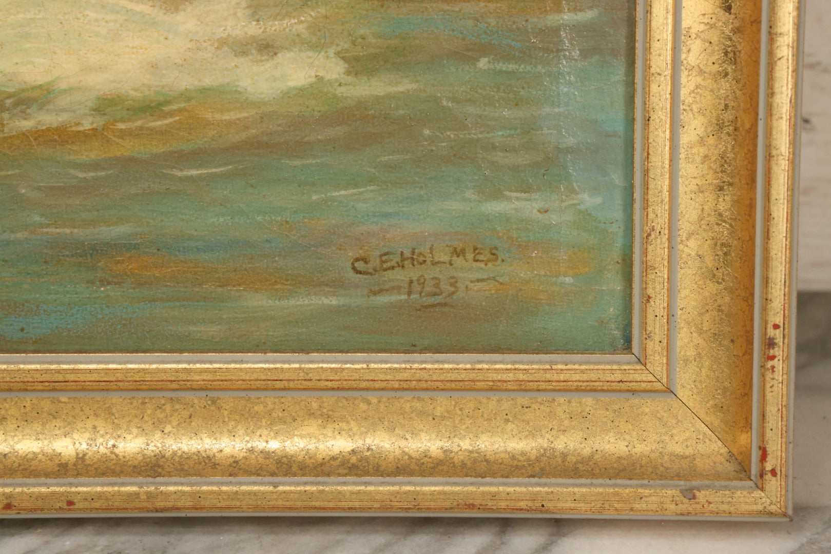 Lot 031 - Vintage Oil On Canvas Painting Of A Sailboat Race, Titled "Racing" Lower Left, Artist Signed C.E. Holmes, Dated 1933, Note Varnish Staining And Minor Losses, In Frame, 18-3/4" x 21-3/4"