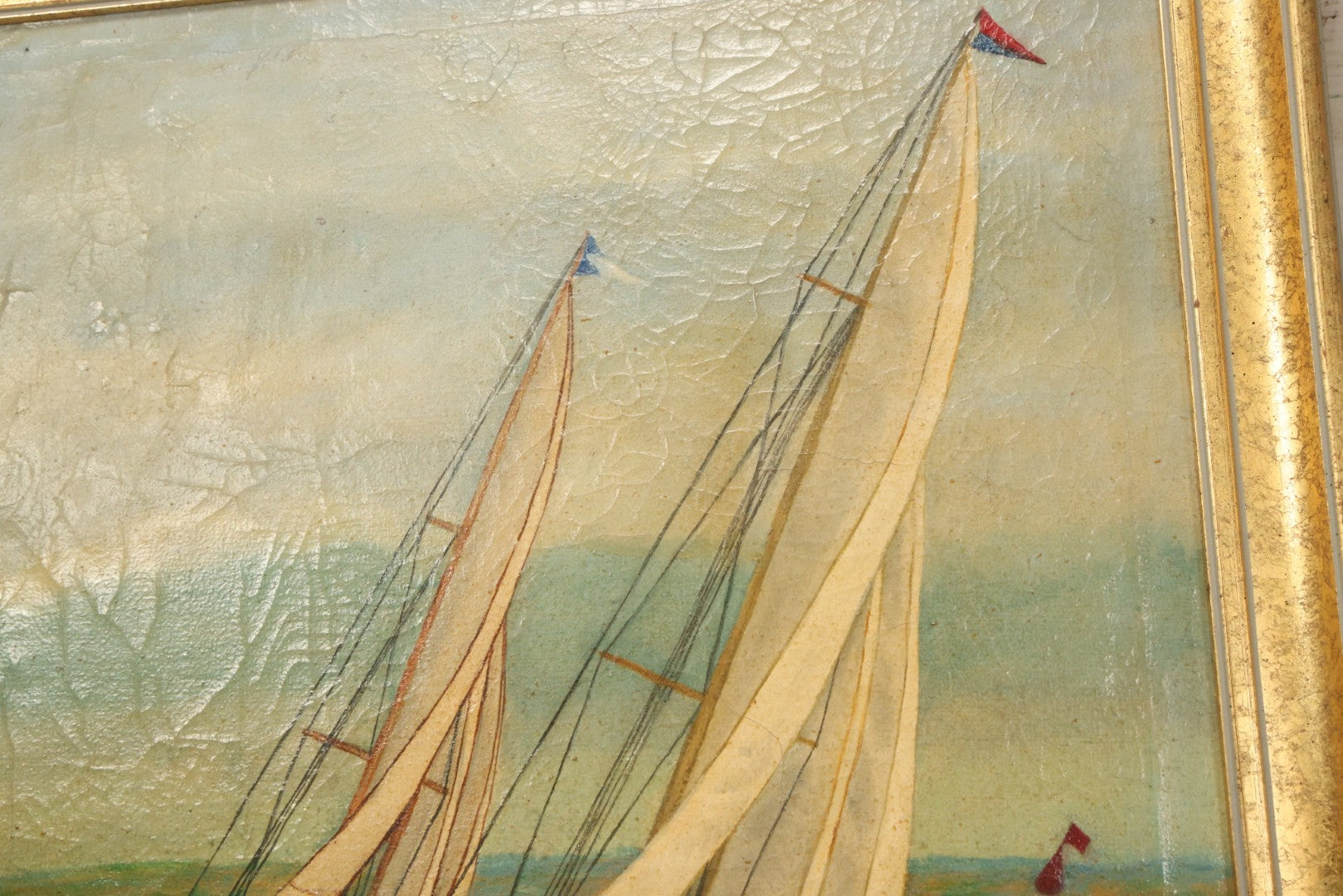 Lot 031 - Vintage Oil On Canvas Painting Of A Sailboat Race, Titled "Racing" Lower Left, Artist Signed C.E. Holmes, Dated 1933, Note Varnish Staining And Minor Losses, In Frame, 18-3/4" x 21-3/4"