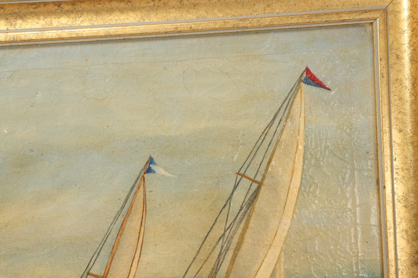 Lot 031 - Vintage Oil On Canvas Painting Of A Sailboat Race, Titled "Racing" Lower Left, Artist Signed C.E. Holmes, Dated 1933, Note Varnish Staining And Minor Losses, In Frame, 18-3/4" x 21-3/4"
