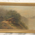 Lot 032 - Antique Oil On Canvas Country Landscape Painting Of Cabin By Lakeside With Mountains In Distance, Mother And Child In Scene, Unsigned, Note Holes And Losses, In Frame, 13-3/4" x 9-5/8"