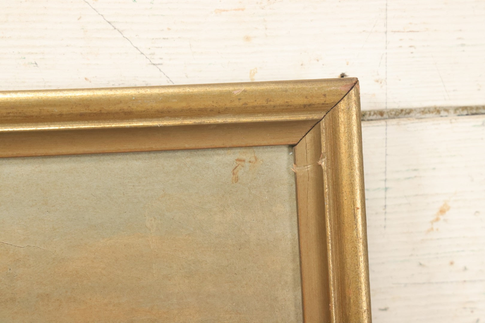 Lot 032 - Antique Oil On Canvas Country Landscape Painting Of Cabin By Lakeside With Mountains In Distance, Mother And Child In Scene, Unsigned, Note Holes And Losses, In Frame, 13-3/4" x 9-5/8"