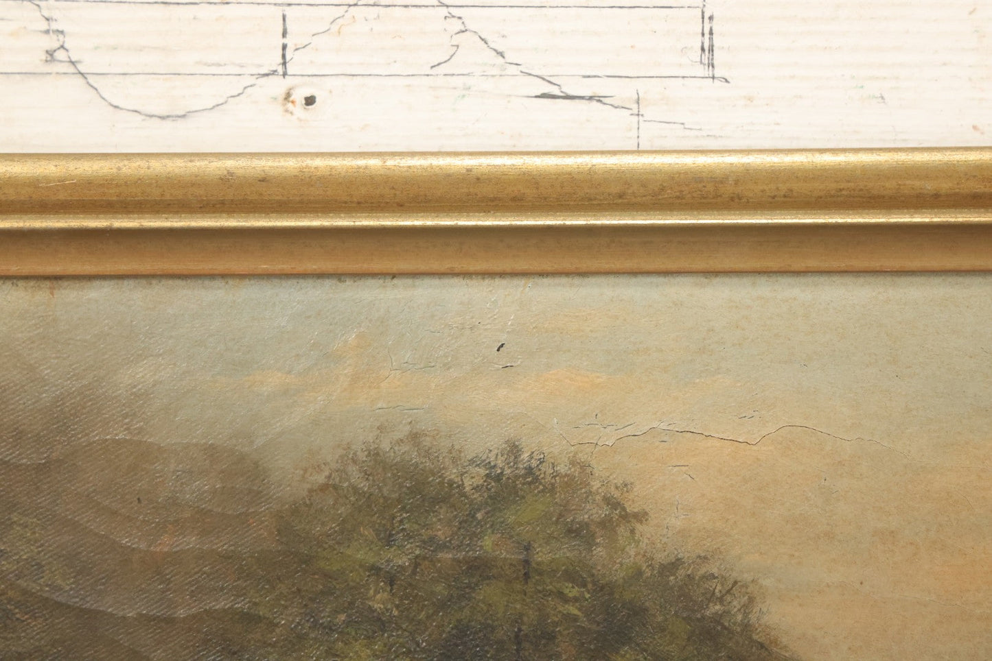 Lot 032 - Antique Oil On Canvas Country Landscape Painting Of Cabin By Lakeside With Mountains In Distance, Mother And Child In Scene, Unsigned, Note Holes And Losses, In Frame, 13-3/4" x 9-5/8"