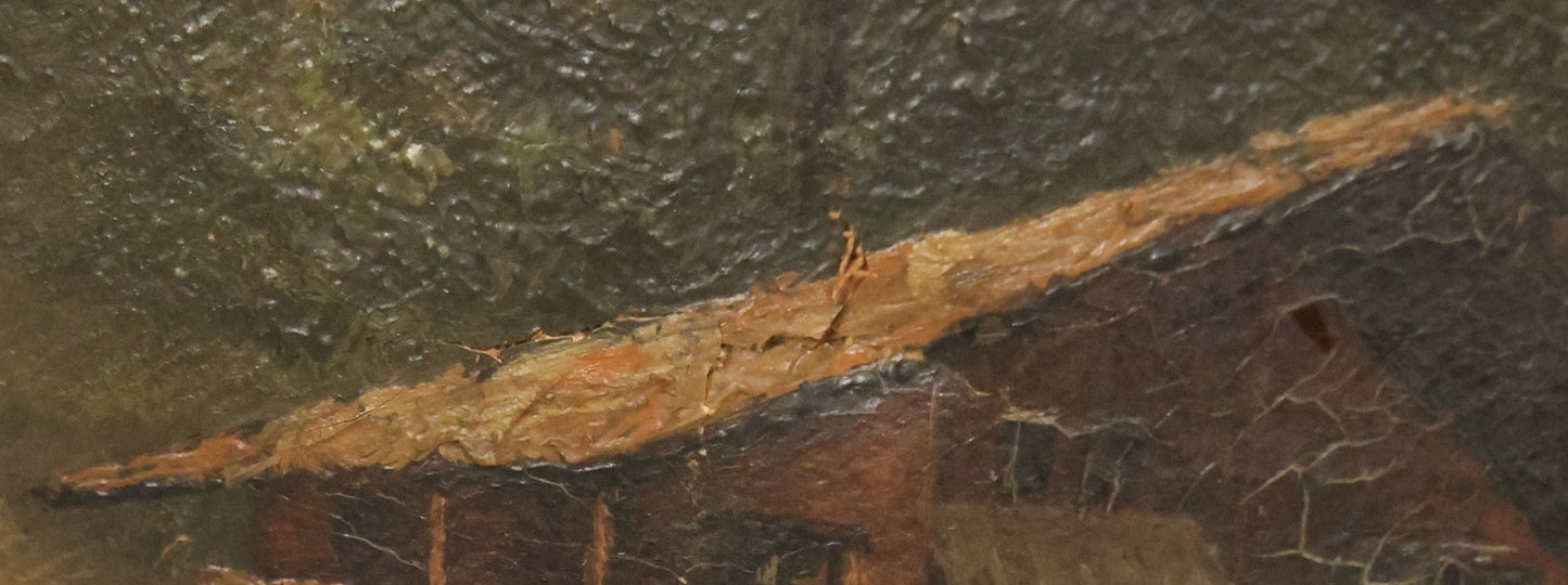 Lot 032 - Antique Oil On Canvas Country Landscape Painting Of Cabin By Lakeside With Mountains In Distance, Mother And Child In Scene, Unsigned, Note Holes And Losses, In Frame, 13-3/4" x 9-5/8"