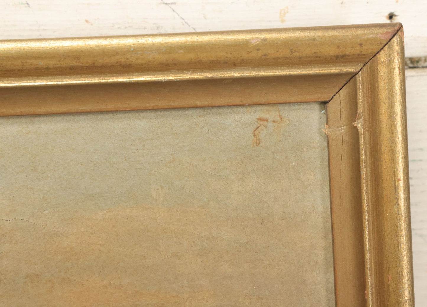 Lot 032 - Antique Oil On Canvas Country Landscape Painting Of Cabin By Lakeside With Mountains In Distance, Mother And Child In Scene, Unsigned, Note Holes And Losses, In Frame, 13-3/4" x 9-5/8"