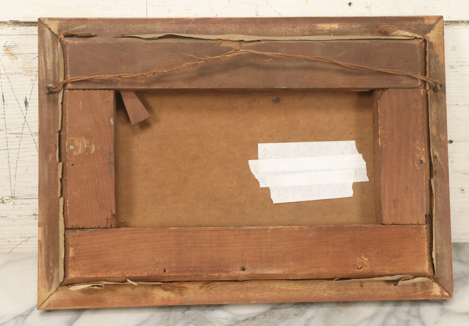 Lot 032 - Antique Oil On Canvas Country Landscape Painting Of Cabin By Lakeside With Mountains In Distance, Mother And Child In Scene, Unsigned, Note Holes And Losses, In Frame, 13-3/4" x 9-5/8"