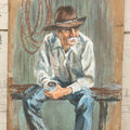Lot 033 - Vintage Painting On Wood Panel Of Cowboy Drinking Coffee, Artist Signed Gannon, 8" x 13-1/2"