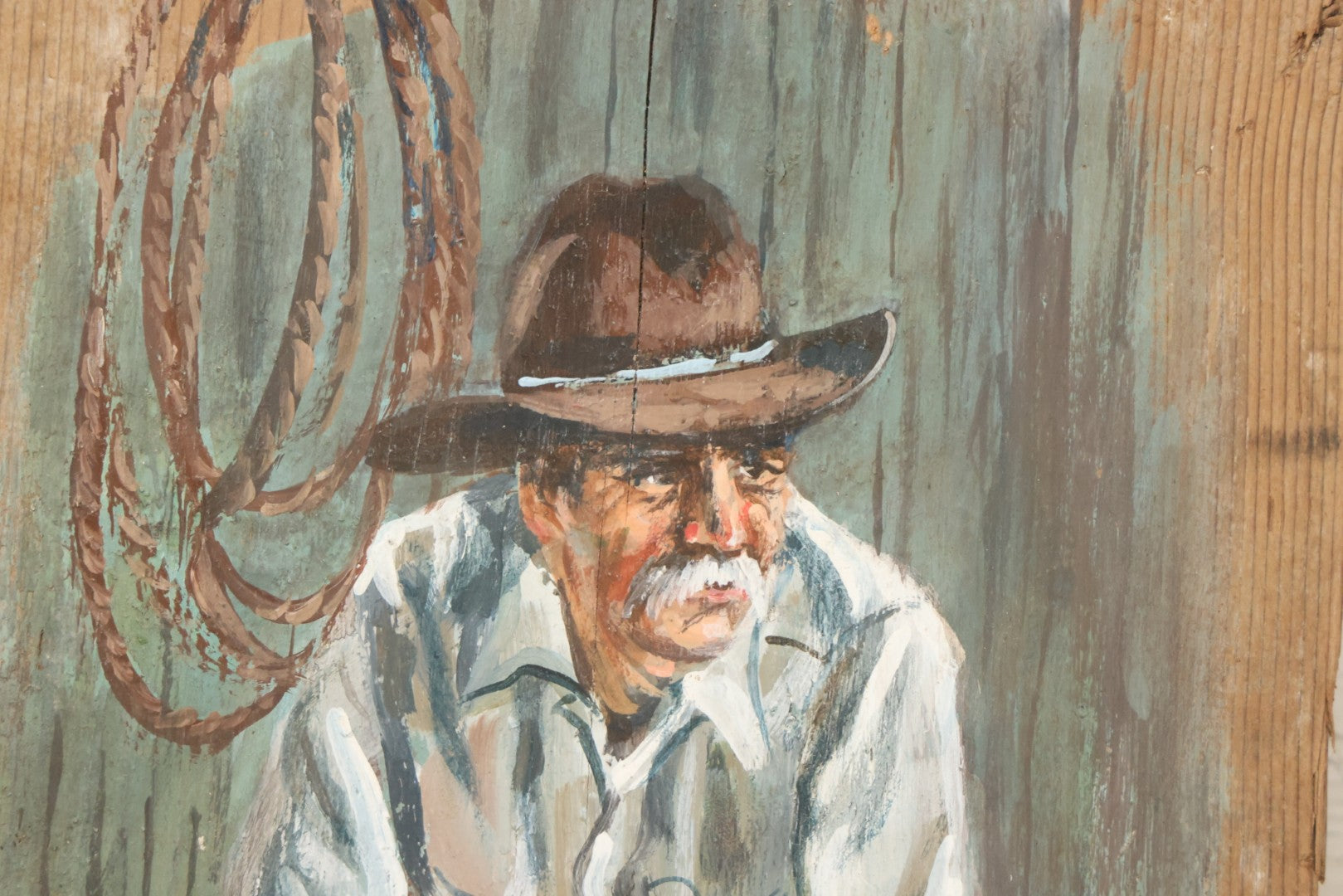 Lot 033 - Vintage Painting On Wood Panel Of Cowboy Drinking Coffee, Artist Signed Gannon, 8" x 13-1/2"