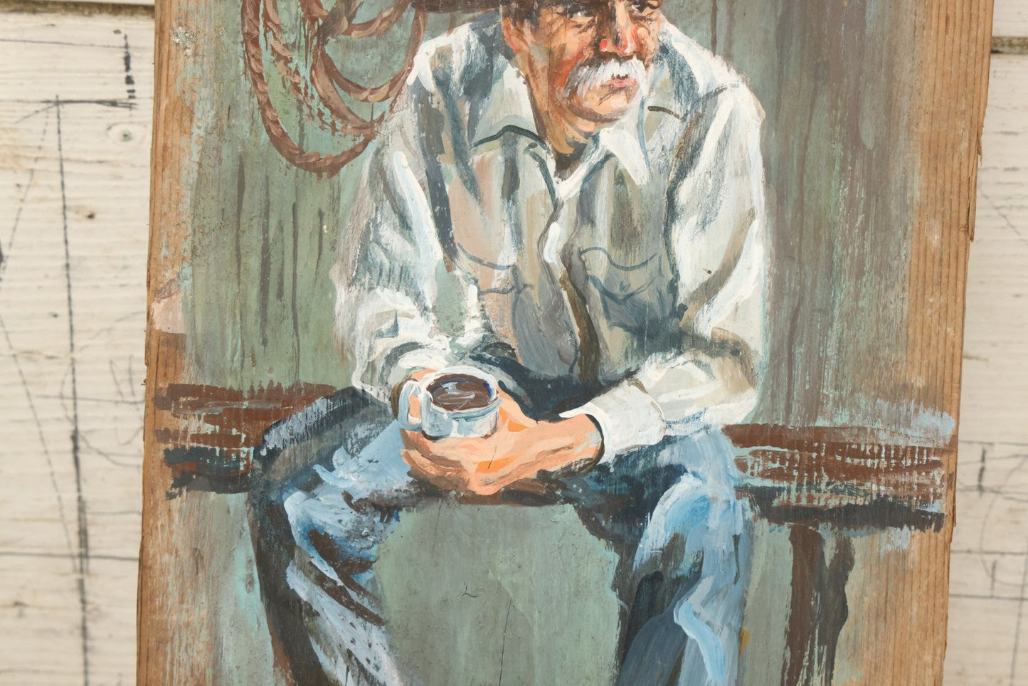 Lot 033 - Vintage Painting On Wood Panel Of Cowboy Drinking Coffee, Artist Signed Gannon, 8" x 13-1/2"