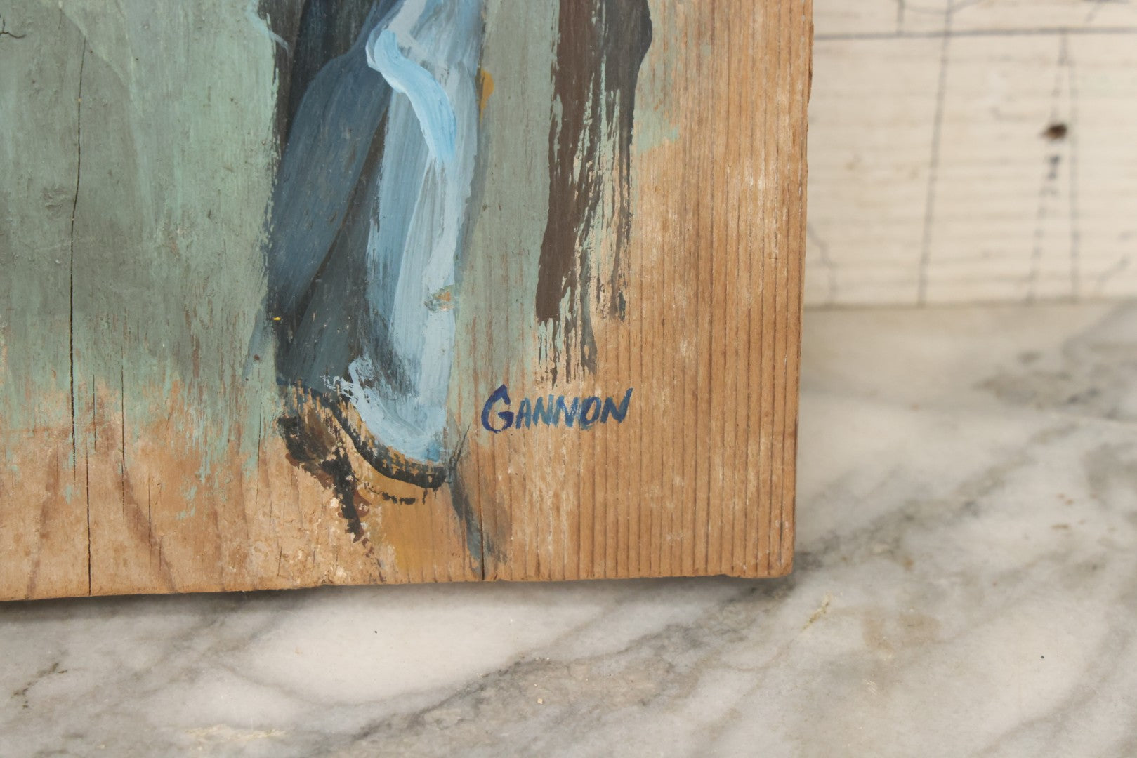 Lot 033 - Vintage Painting On Wood Panel Of Cowboy Drinking Coffee, Artist Signed Gannon, 8" x 13-1/2"
