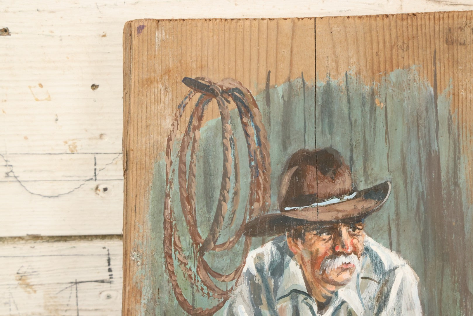 Lot 033 - Vintage Painting On Wood Panel Of Cowboy Drinking Coffee, Artist Signed Gannon, 8" x 13-1/2"