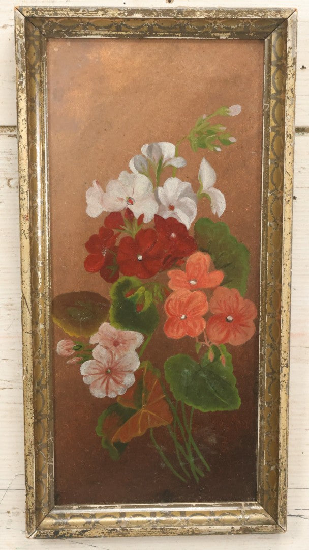 Lot 034 - Antique Painting On Board Of Pink, Red And White Flowers, Pansies, Unsigned, In Frame, 7" x 13-3/4"