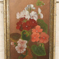 Lot 034 - Antique Painting On Board Of Pink, Red And White Flowers, Pansies, Unsigned, In Frame, 7" x 13-3/4"