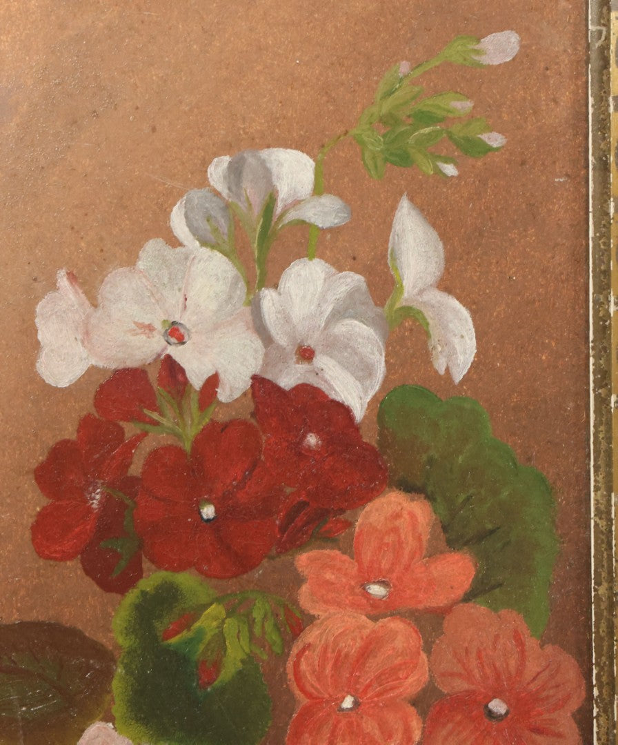 Lot 034 - Antique Painting On Board Of Pink, Red And White Flowers, Pansies, Unsigned, In Frame, 7" x 13-3/4"