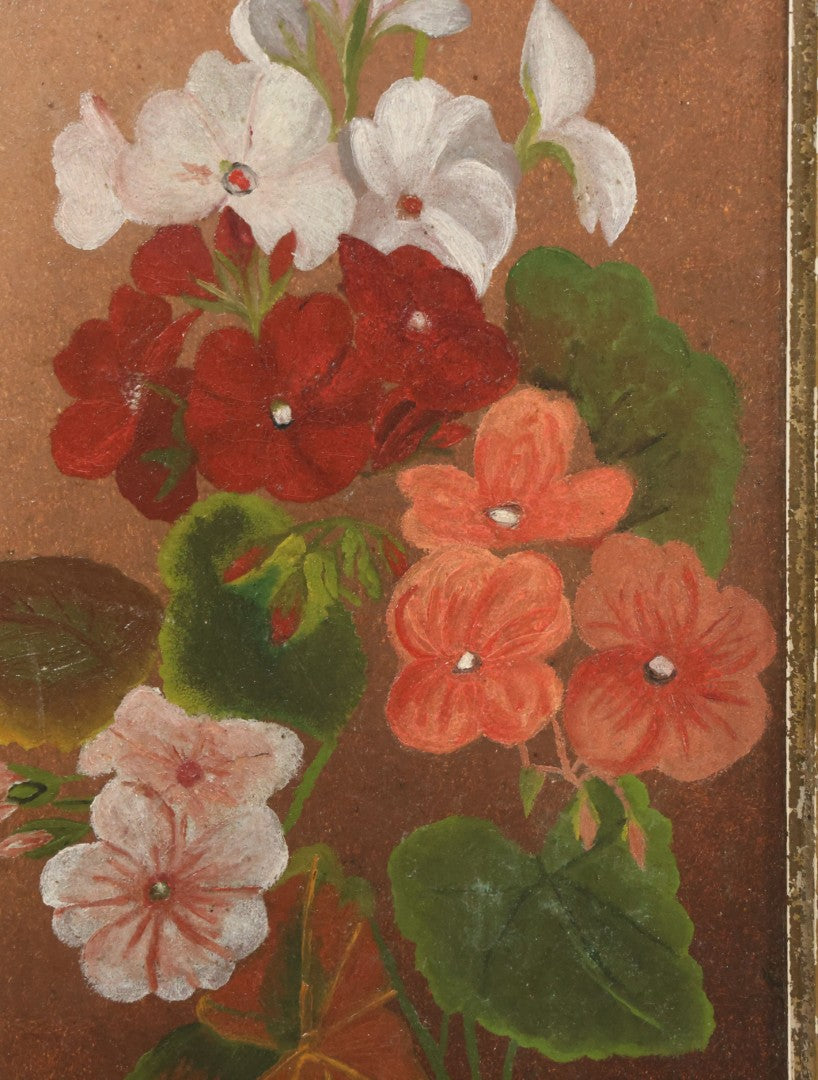 Lot 034 - Antique Painting On Board Of Pink, Red And White Flowers, Pansies, Unsigned, In Frame, 7" x 13-3/4"