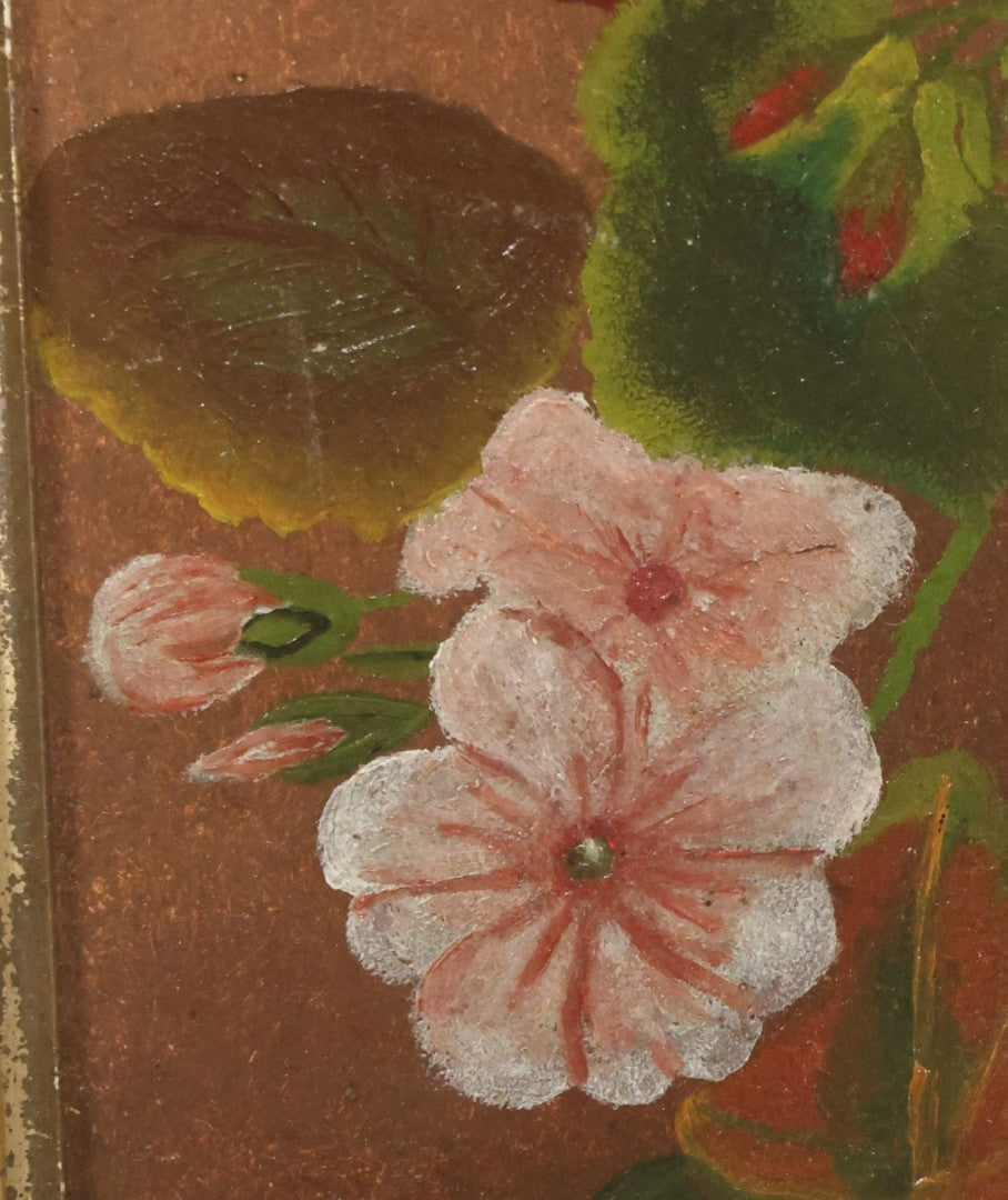 Lot 034 - Antique Painting On Board Of Pink, Red And White Flowers, Pansies, Unsigned, In Frame, 7" x 13-3/4"