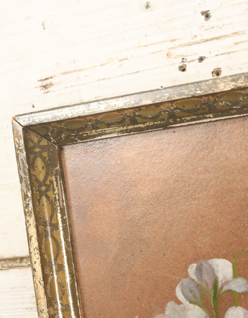 Lot 034 - Antique Painting On Board Of Pink, Red And White Flowers, Pansies, Unsigned, In Frame, 7" x 13-3/4"