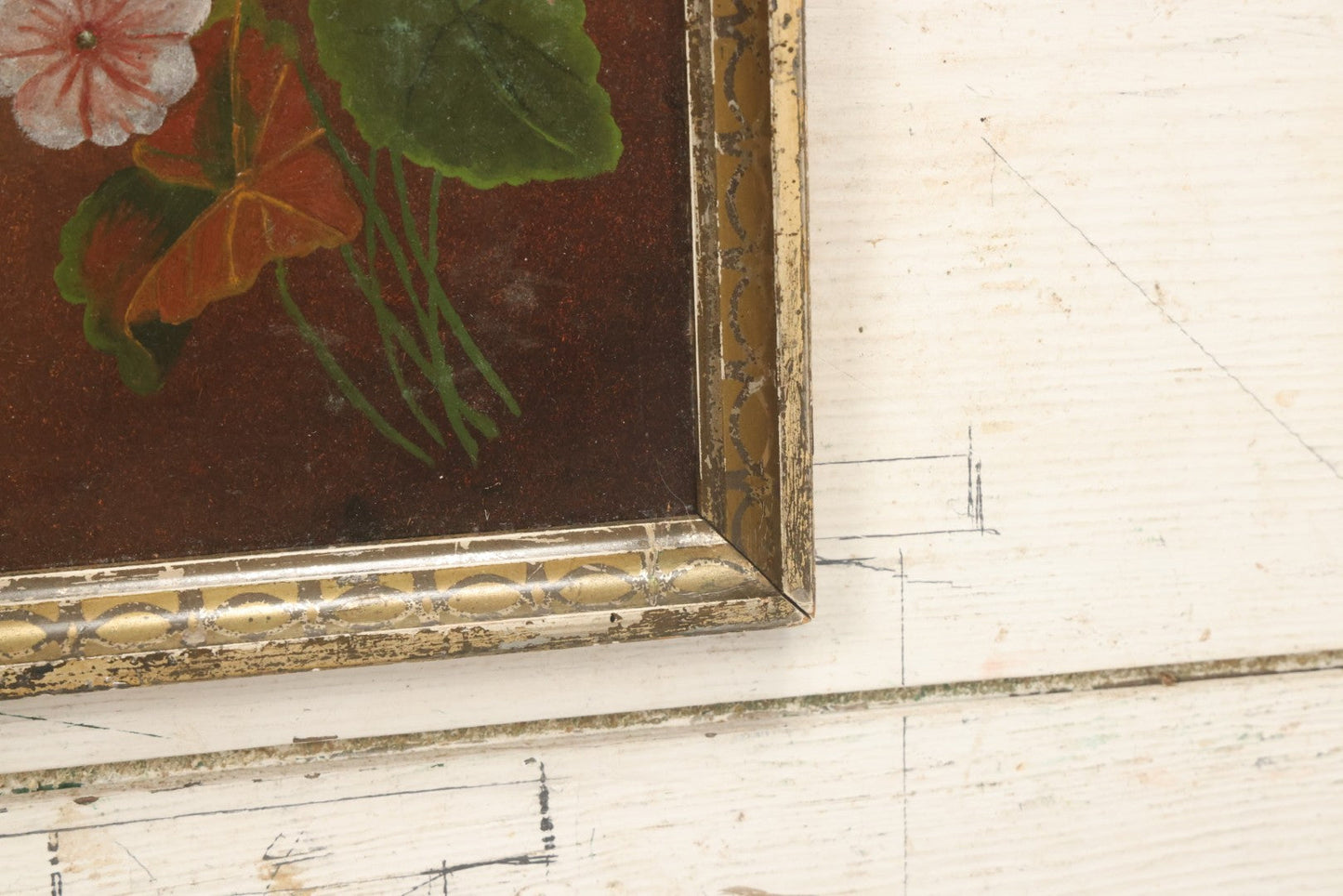 Lot 034 - Antique Painting On Board Of Pink, Red And White Flowers, Pansies, Unsigned, In Frame, 7" x 13-3/4"