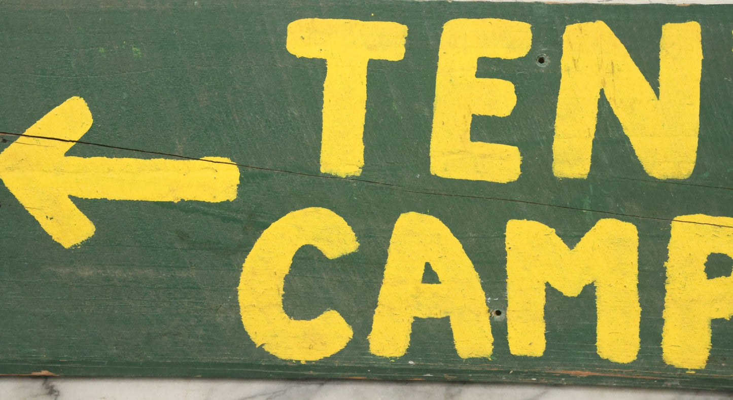 Lot 035 - Vintage Hand Painted Wood Cut Camp Sign, "Tent Camping", In Green And Yellow Paint, Folk Art, Sawtooth Edge, Note Wood Beginning To Split, 24" x 8"