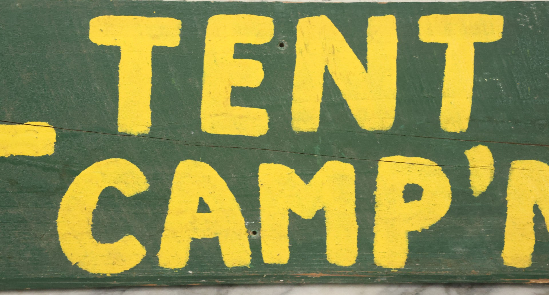 Lot 035 - Vintage Hand Painted Wood Cut Camp Sign, "Tent Camping", In Green And Yellow Paint, Folk Art, Sawtooth Edge, Note Wood Beginning To Split, 24" x 8"