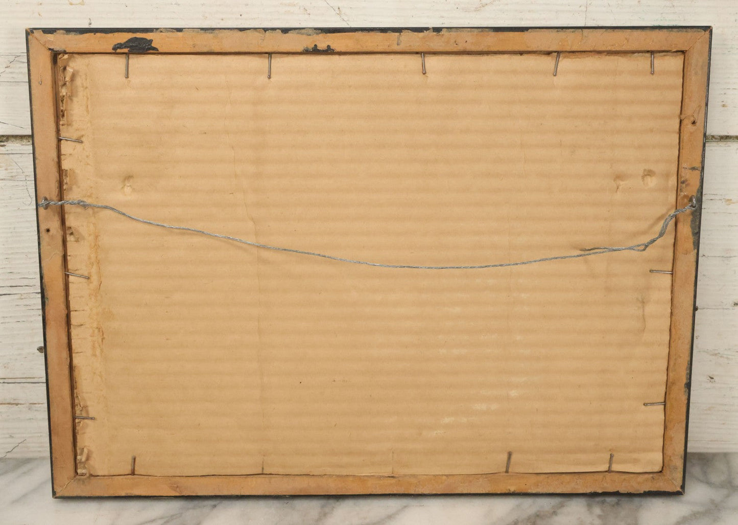 Lot 037 - Antique Boarded Occupational Photograph Of Newly Built Eastern Railroad Passenger Train Car, With Workers Pictured On Train Track, In Front Of Harbor, In Frame, Note Water Stains, 15-5/8" x 11-1/4"