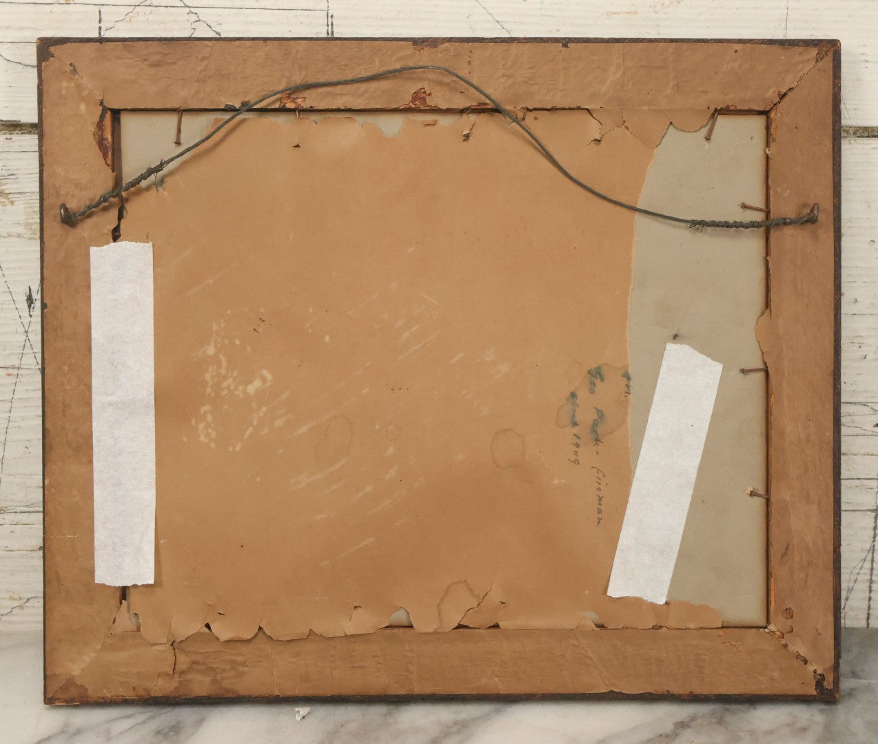 Lot 038 - Antique Boarded Occupational Photograph Of Locomotive 351 By American Locomotive Company, Maine Central Railroad, With Railroad Workers In Photo, Circa 1909 Partial Id On Verso, In Frame, Note Wear, 12-3/8" x 10-3/8"