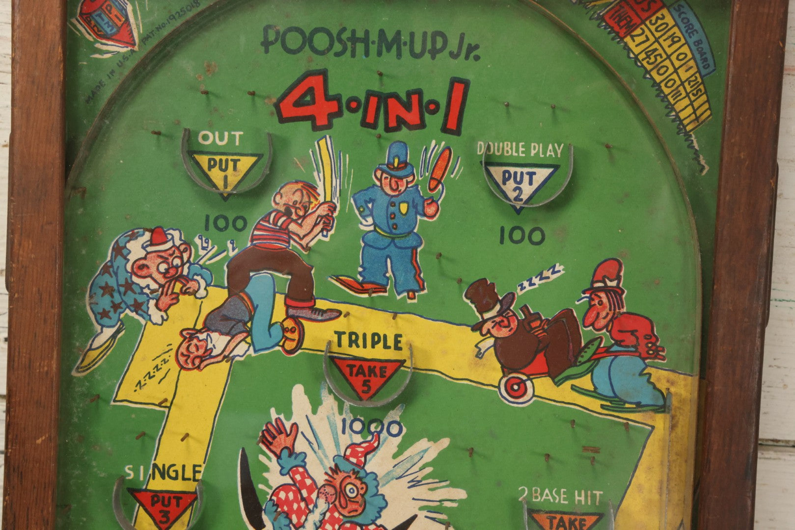 Lot 041 - Vintage Tabletop Baseball Pinball Game "Poosh-M-Up Jr. 4-In-1" With Clowns Playing Baseball, By Northwestern Products, St. Louis, Missouri, Made In Usa, 11-1/4" x 17-1/4"