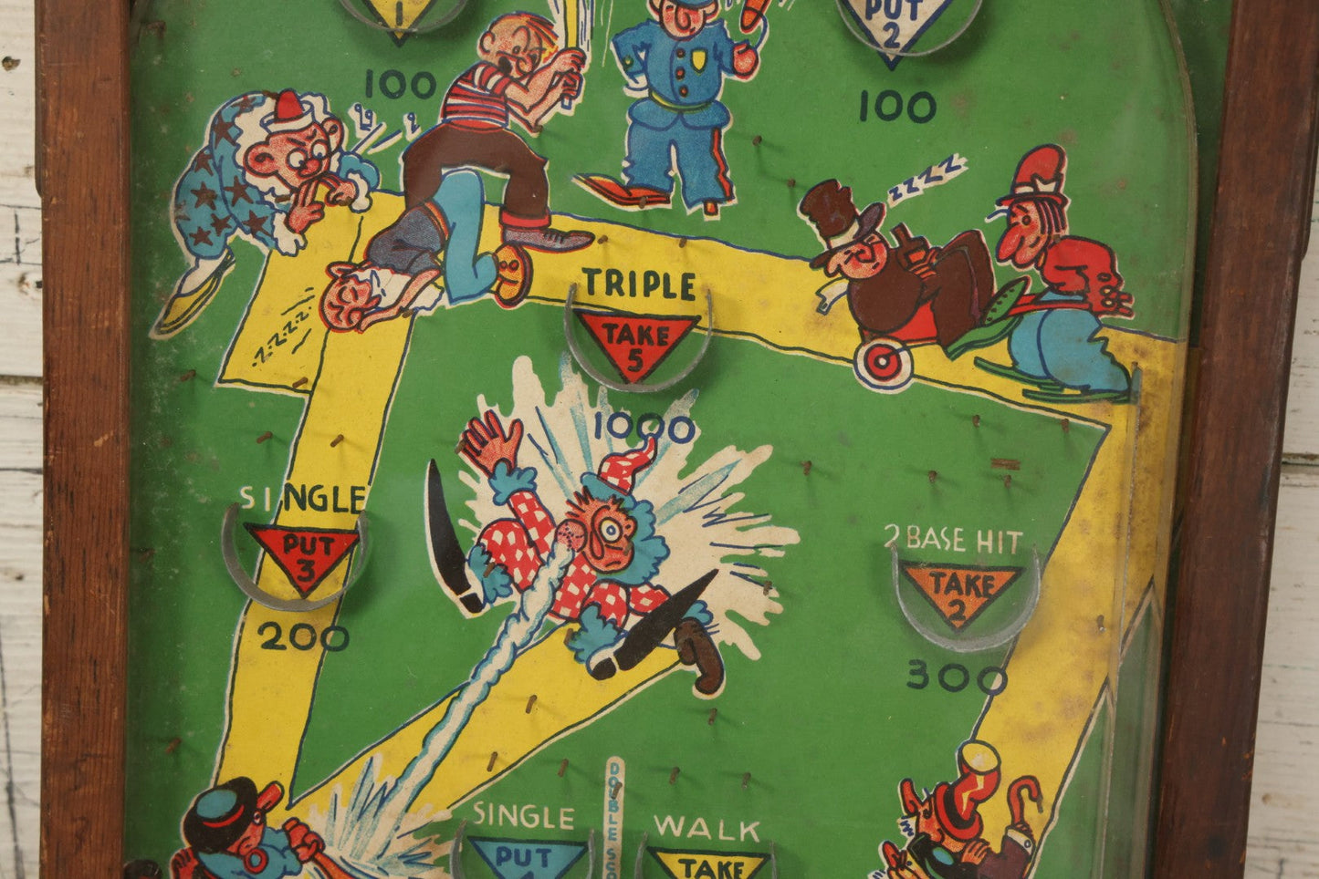 Lot 041 - Vintage Tabletop Baseball Pinball Game "Poosh-M-Up Jr. 4-In-1" With Clowns Playing Baseball, By Northwestern Products, St. Louis, Missouri, Made In Usa, 11-1/4" x 17-1/4"