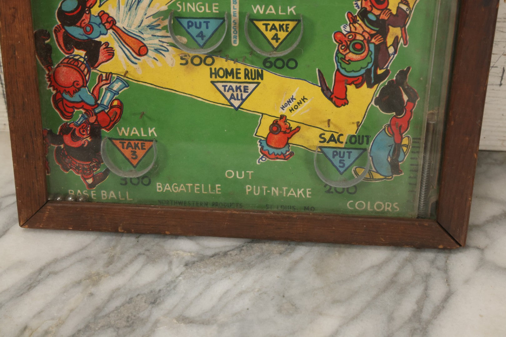 Lot 041 - Vintage Tabletop Baseball Pinball Game "Poosh-M-Up Jr. 4-In-1" With Clowns Playing Baseball, By Northwestern Products, St. Louis, Missouri, Made In Usa, 11-1/4" x 17-1/4"